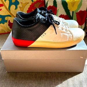 LEATHER CROWN White Canvas & Black Leather Perforated Lace Up Sneakers Men
Shoes